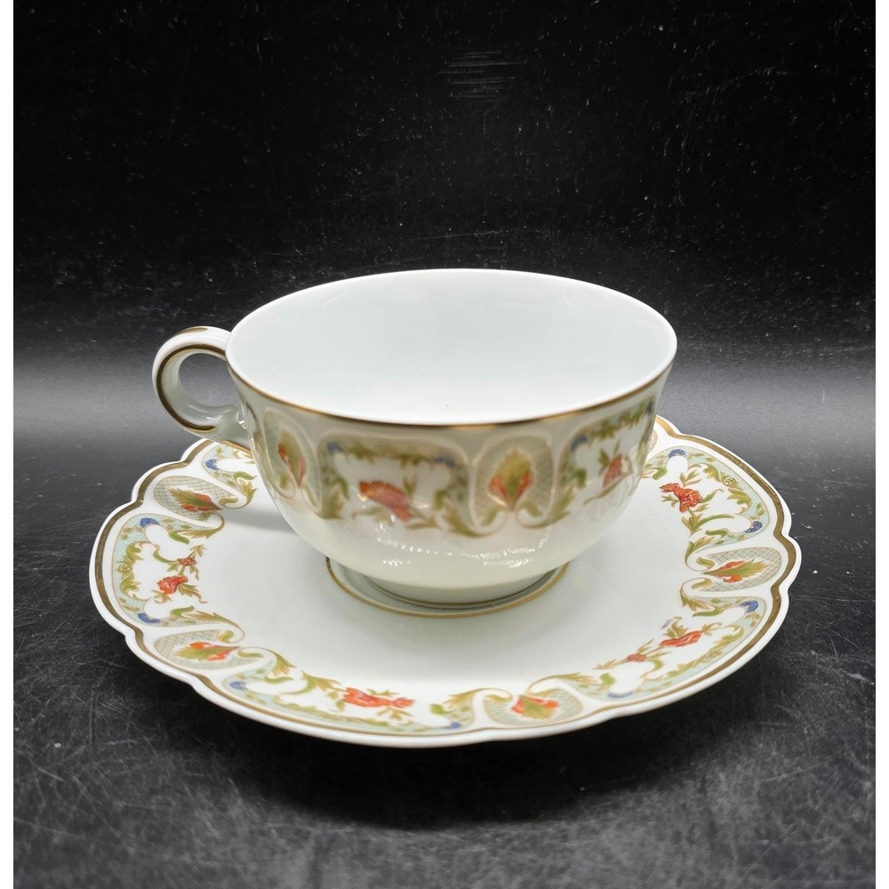 Haviland Limoges Mozart Chantoung Teacup and Saucer Set Gold Trim France Floral